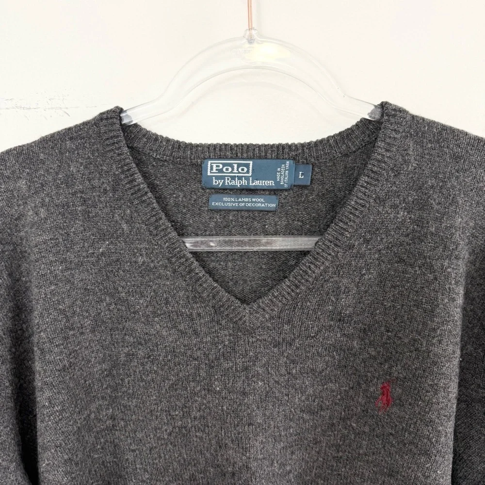 Polo Ralph Lauren Lambswool V Neck Sweater Gray Men’s Large Classic Logo Knit
